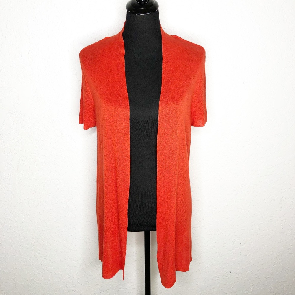 Chicos Orange Open Front Short Sleeve Long Cardigan Sweater Size 2 or Large